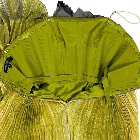 Carmen Marc Valvo Lime Green Pleated Strapless Beaded Waist Maxi Dress Gown 2 - Picture 8 of 10
